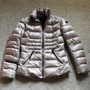 Andrew Marc Light Metallic Taupe Puffer Jacket with Black Zippers